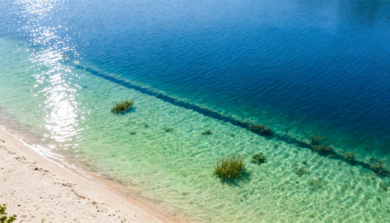Lake depth zones: pale green shallows grading into deep blue water at the drop-off