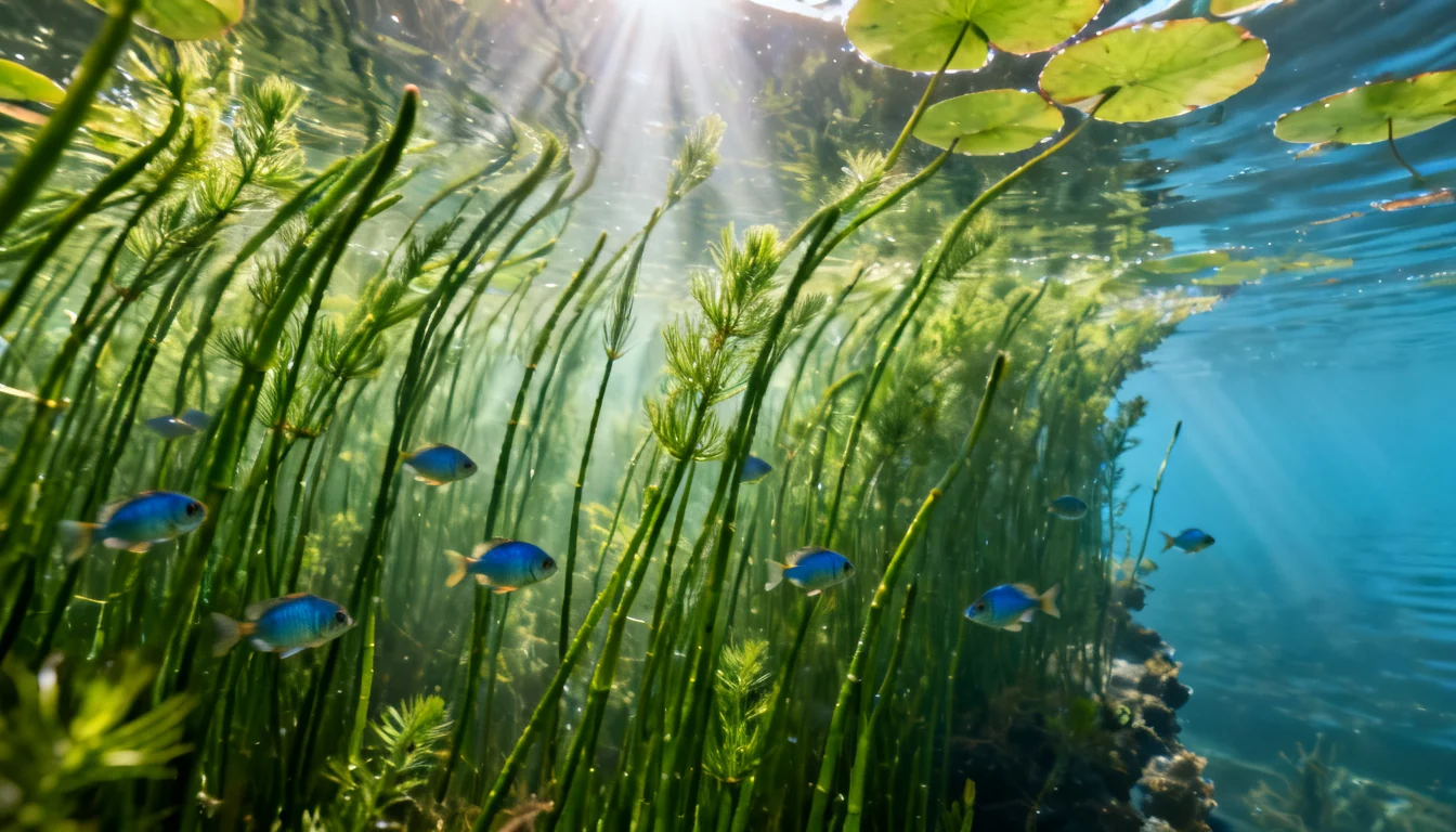 Underwater weed bed with sunbeams and small bluegill among the stems