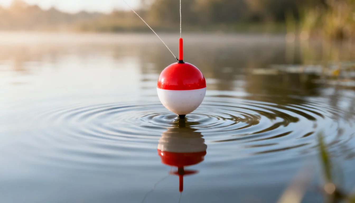 Red and white bobber floating on calm pond water