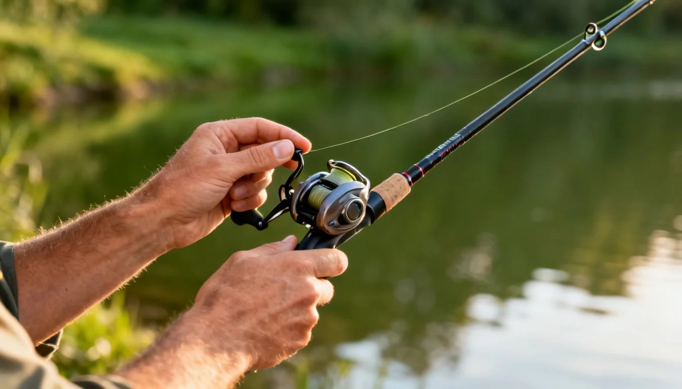 Beginner casting a spinning rod on a pond, thumb pinching the line