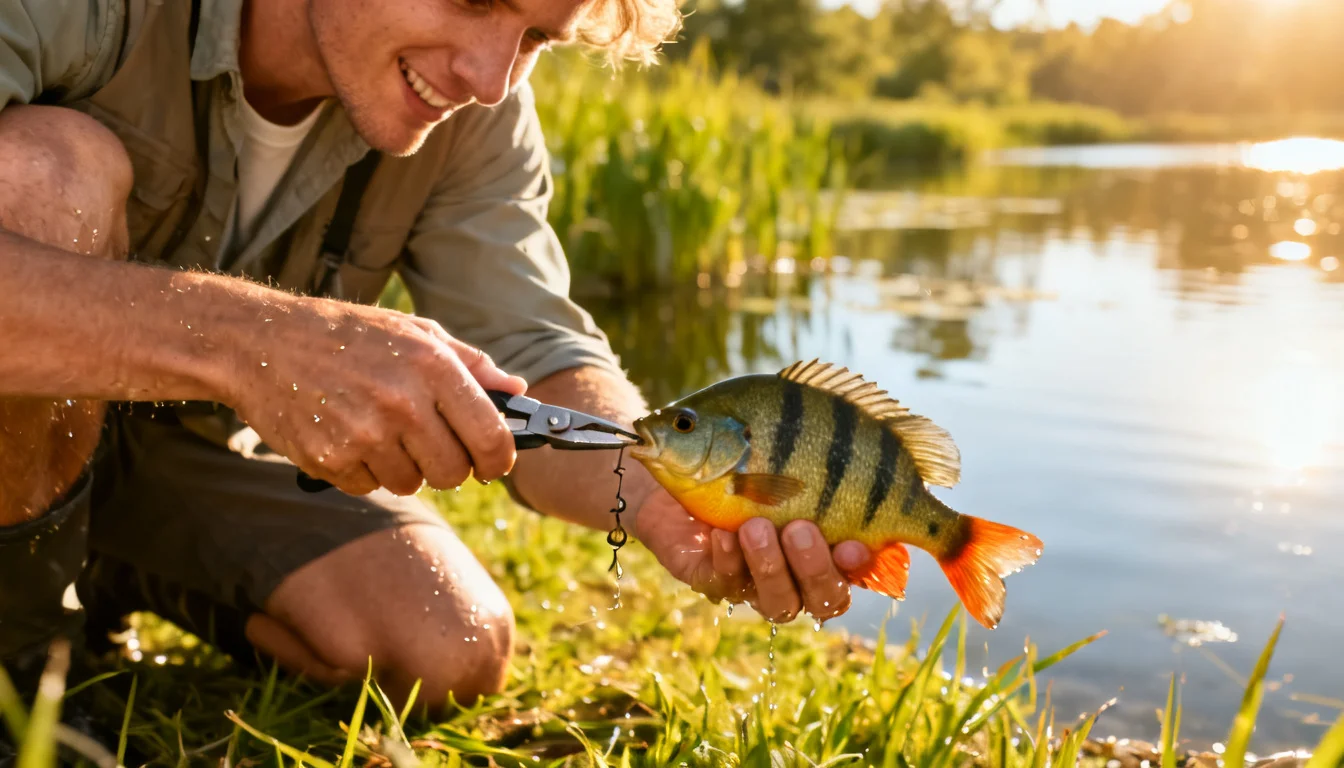 Beginner angler holding a small bluegill with wet hands on a pond bank
