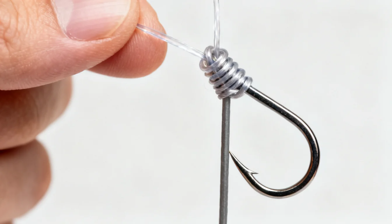 Improved Clinch knot wraps around the standing line above the hook eye.