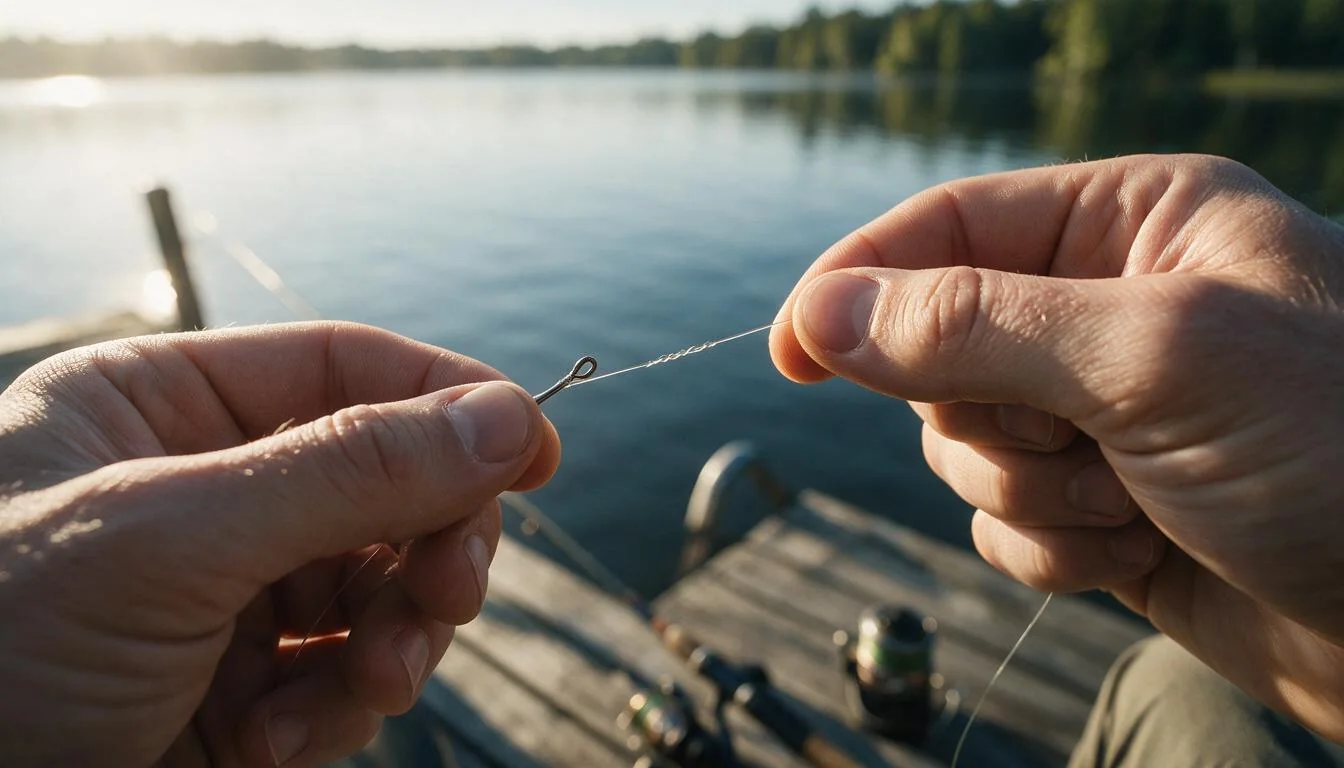 Hands tying a fishing knot to a hook eye — the top 5 fishing knots guide