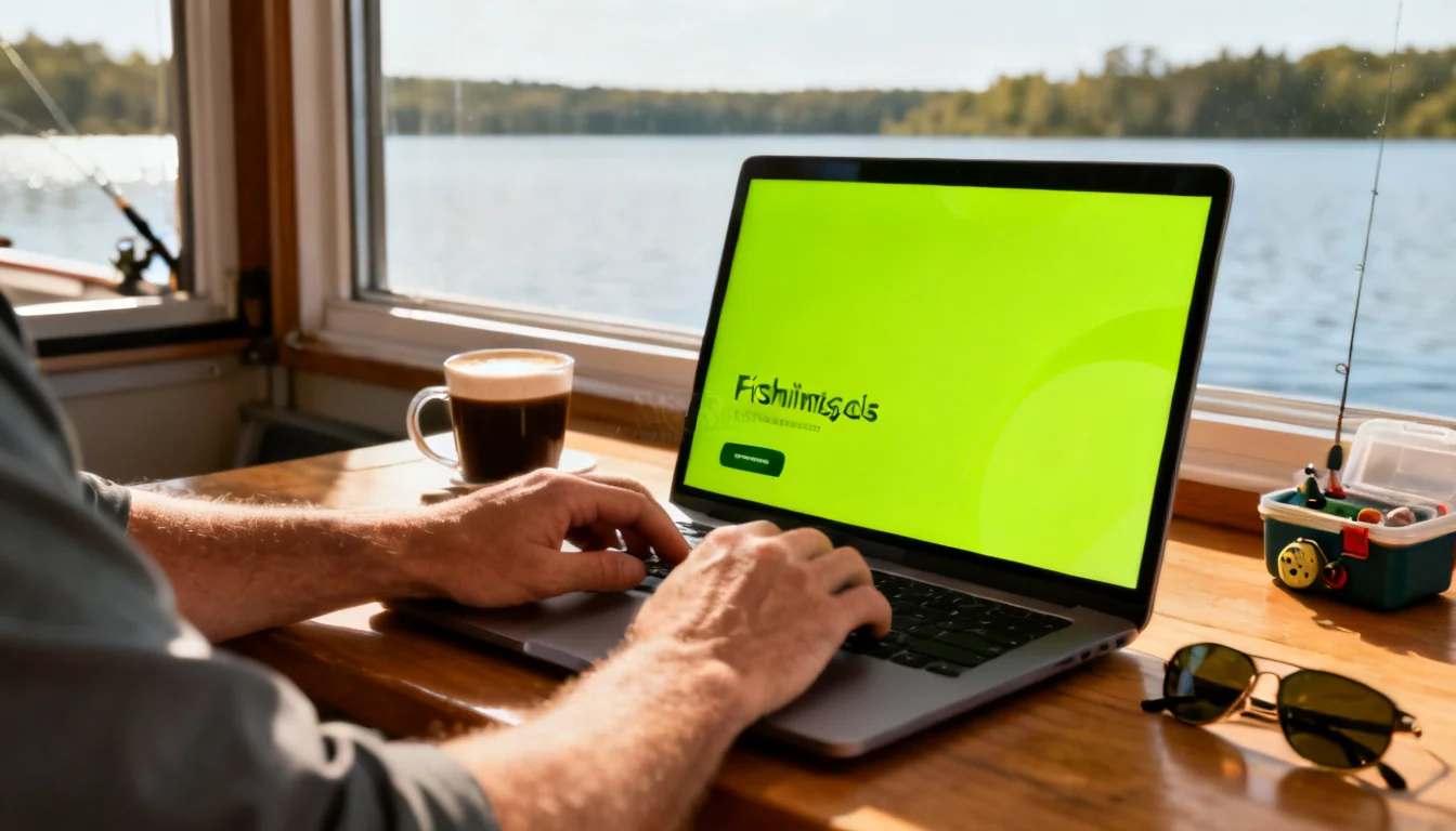 Angler buying a state fishing license online on a laptop at home