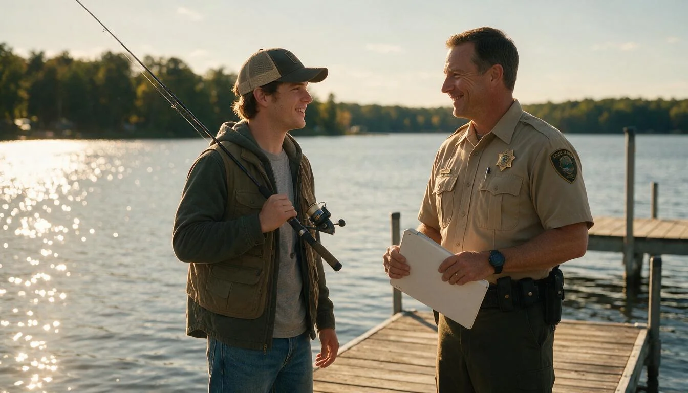 Game warden chatting with a beginner angler at a lake dock about a fishing license