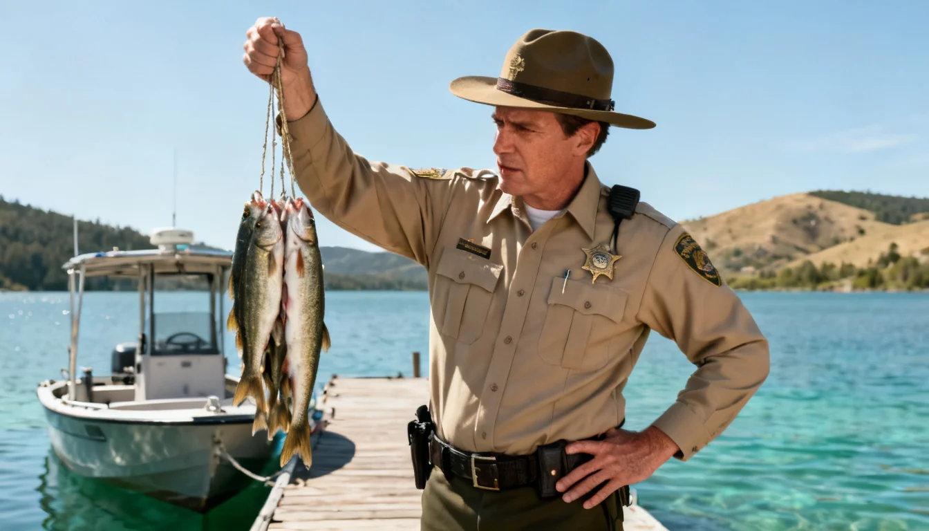 Game warden checking a stringer of fish at the lake