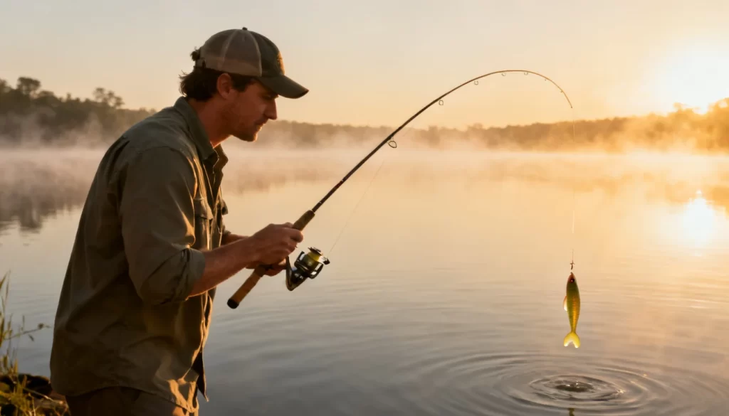 Angler working a soft plastic lure with a subtle rod-tip twitch at dawn on a calm lake