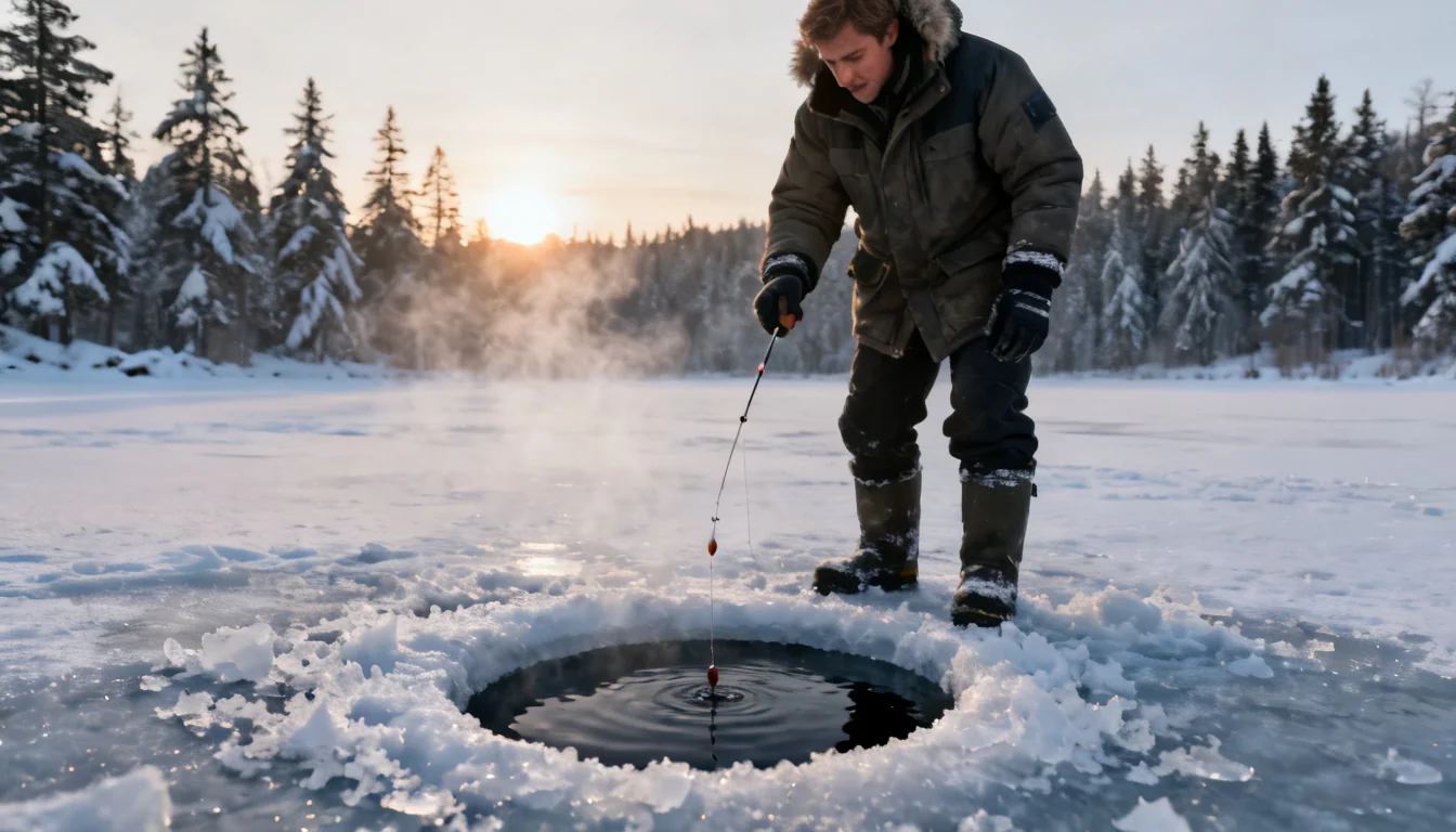 Angler in a winter parka jigging an ice rod over a hole in a frozen lake