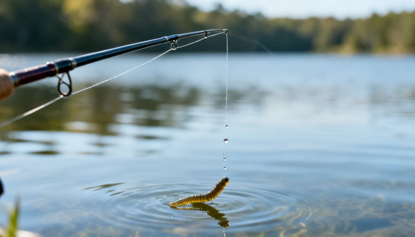 Close-up of a fishing rod tip and line leading down to a soft plastic lure in clear water