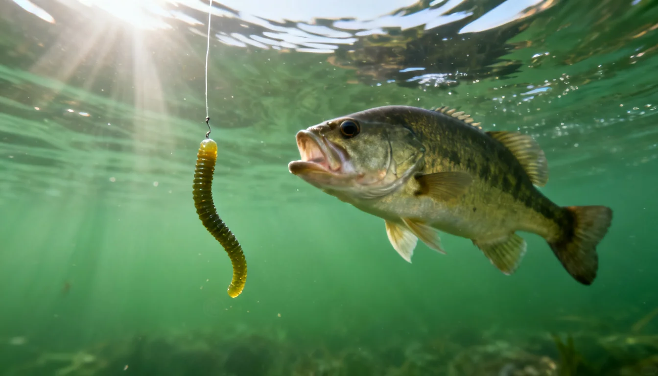 Underwater view of a soft plastic worm sinking as a largemouth bass watches