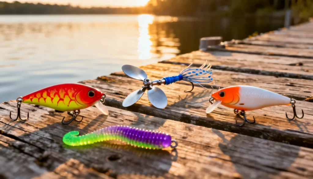Four colorful fishing lures — a red crankbait, a blue spinnerbait, an orange crankbait, and a green-and-purple soft plastic grub — resting on a weathered wooden dock at sunset.