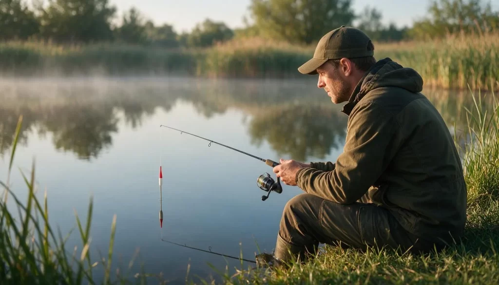 Angler watching a slim fixed float rig bobber on a calm pond