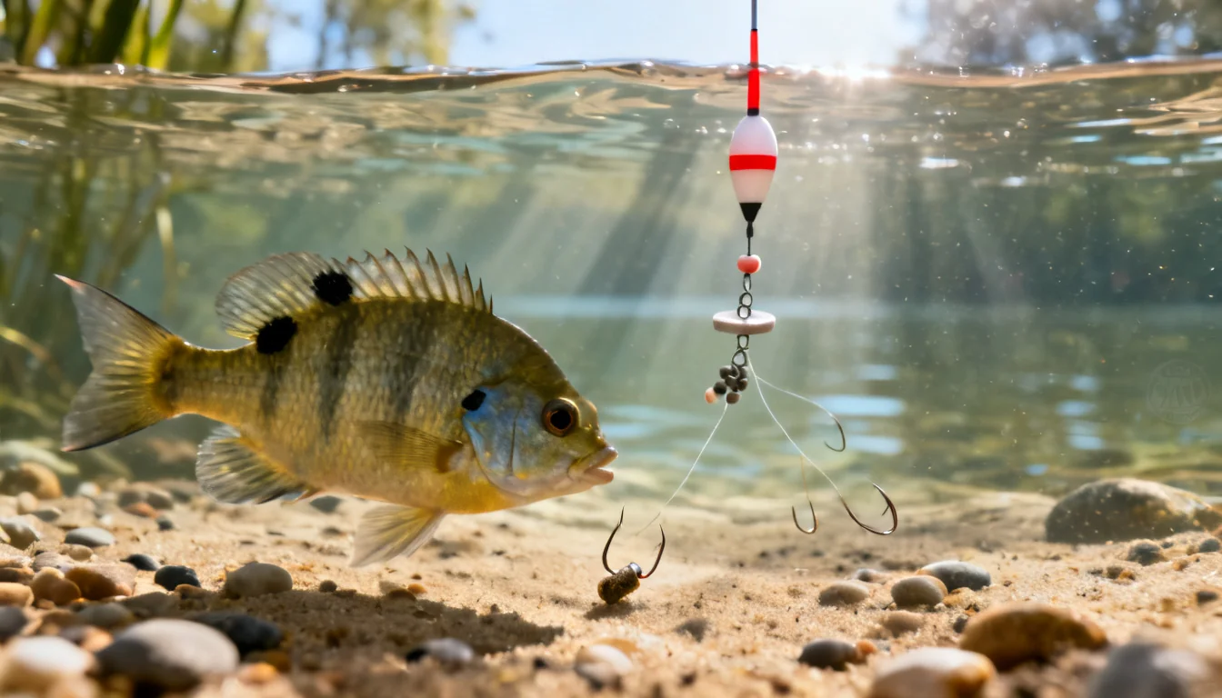 Bluegill approaching a baited hook under a fixed float rig in clear pond water
