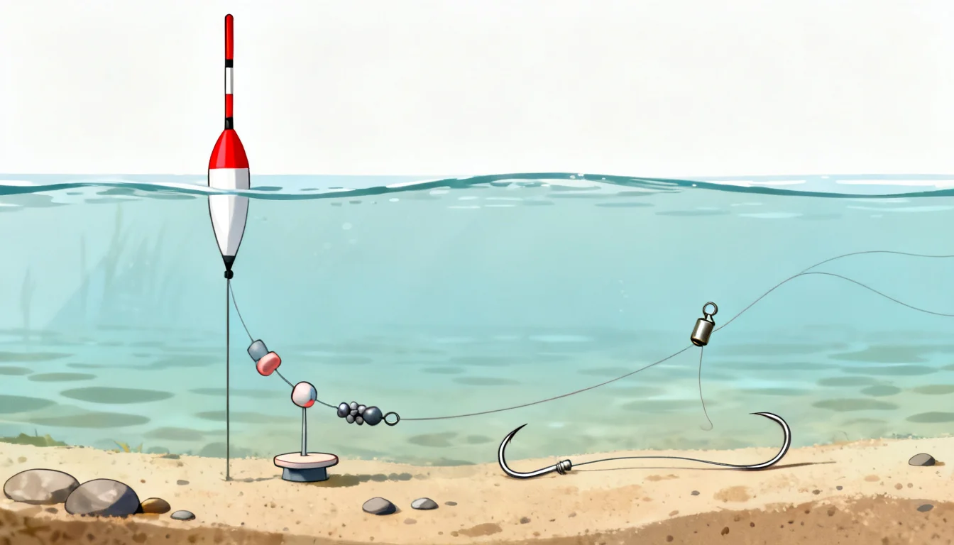 Fixed float rig diagram with two hooks, one on the bottom and one suspended