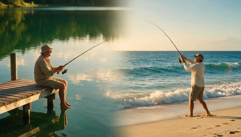 Freshwater vs saltwater fishing comparison: calm lake with dock angler on the left, ocean surf casting on the right