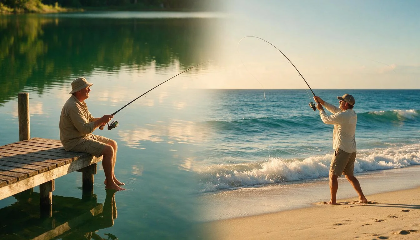 Freshwater vs saltwater fishing comparison: calm lake with dock angler on the left, ocean surf casting on the right
