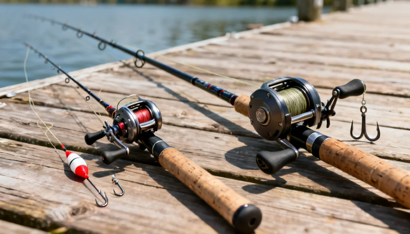Light freshwater rod and reel next to a heavier saltwater setup on a dock