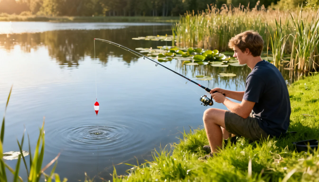 Beginner angler fishing with a bobber rig on a calm pond