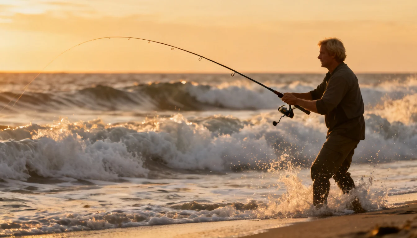 Angler surf casting from an ocean beach at golden hour