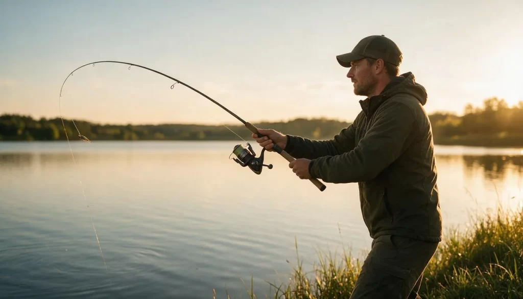 Angler casting a spinning rod on a lake at golden hour, line tight from the rod tip