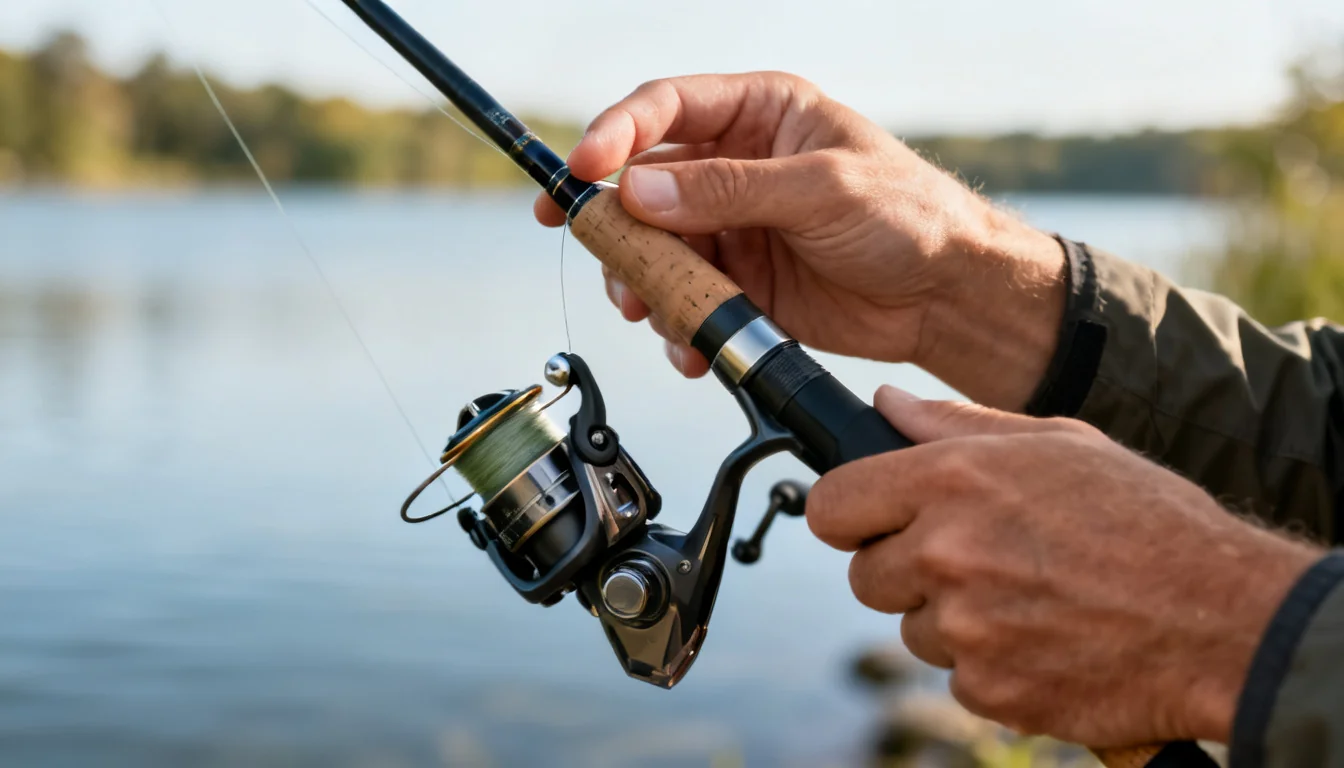 Angler's index finger pinching the line against a spinning rod blank above the open bail