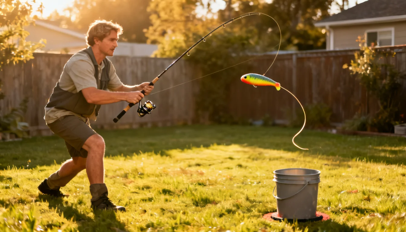 Angler practicing casting a spinning rod with a practice plug toward a bucket target in a yard