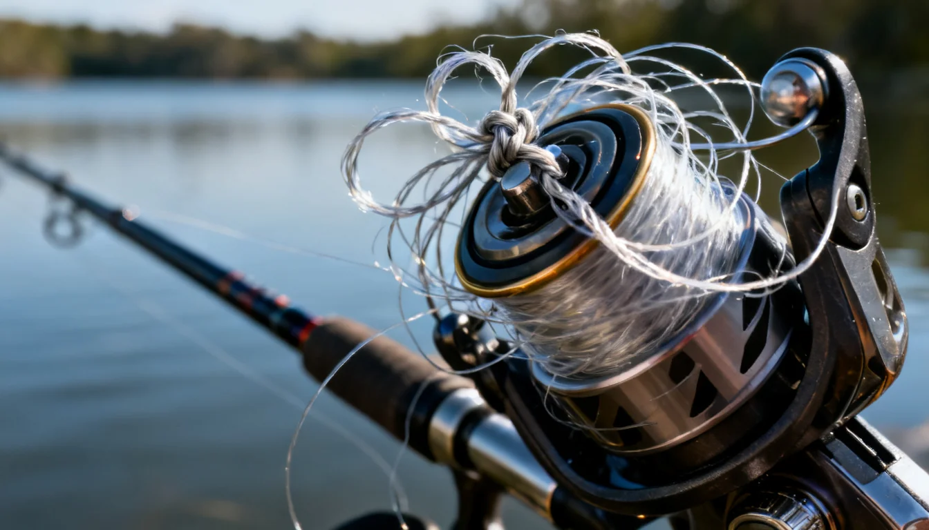 Wind knots of tangled monofilament line wrapped around a spinning reel spool