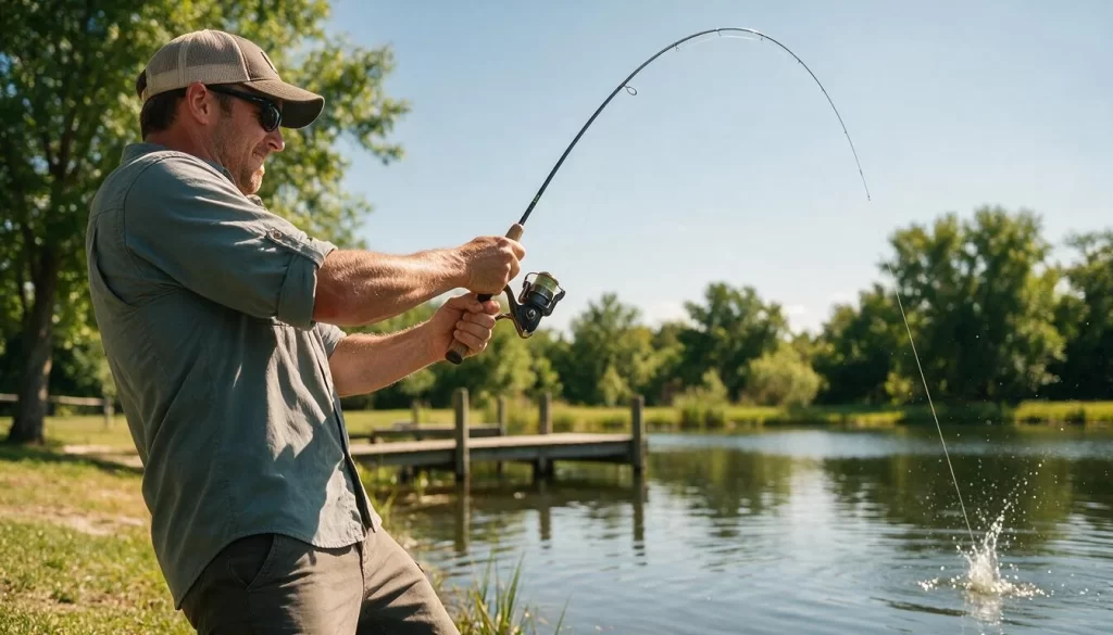 Angler fighting a fish on an ultralight rod from a sunny pond bank, rod bent deep and line tight