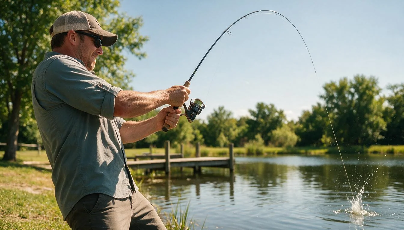 Angler fighting a fish on an ultralight rod from a sunny pond bank, rod bent deep and line tight