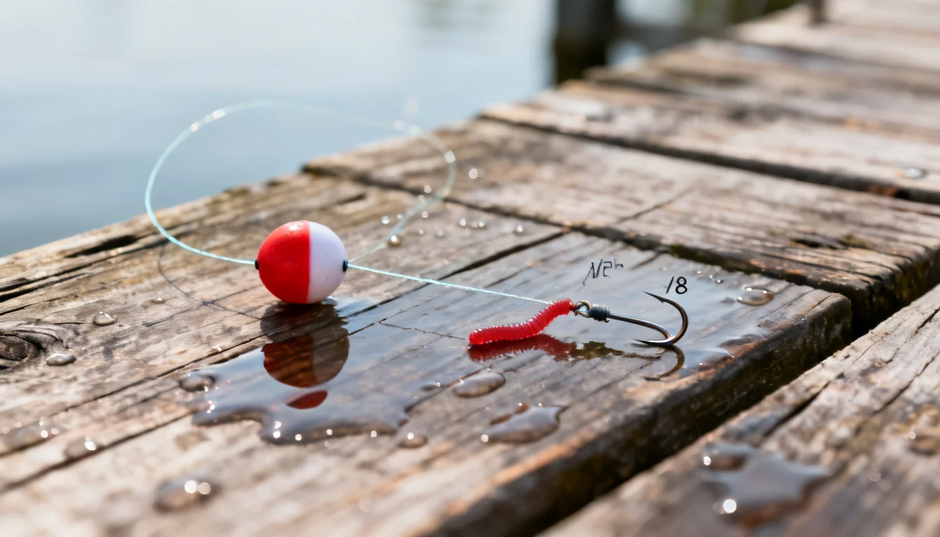 Simple bluegill bobber rig with red-and-white bobber, split shot, and a baited #8 hook