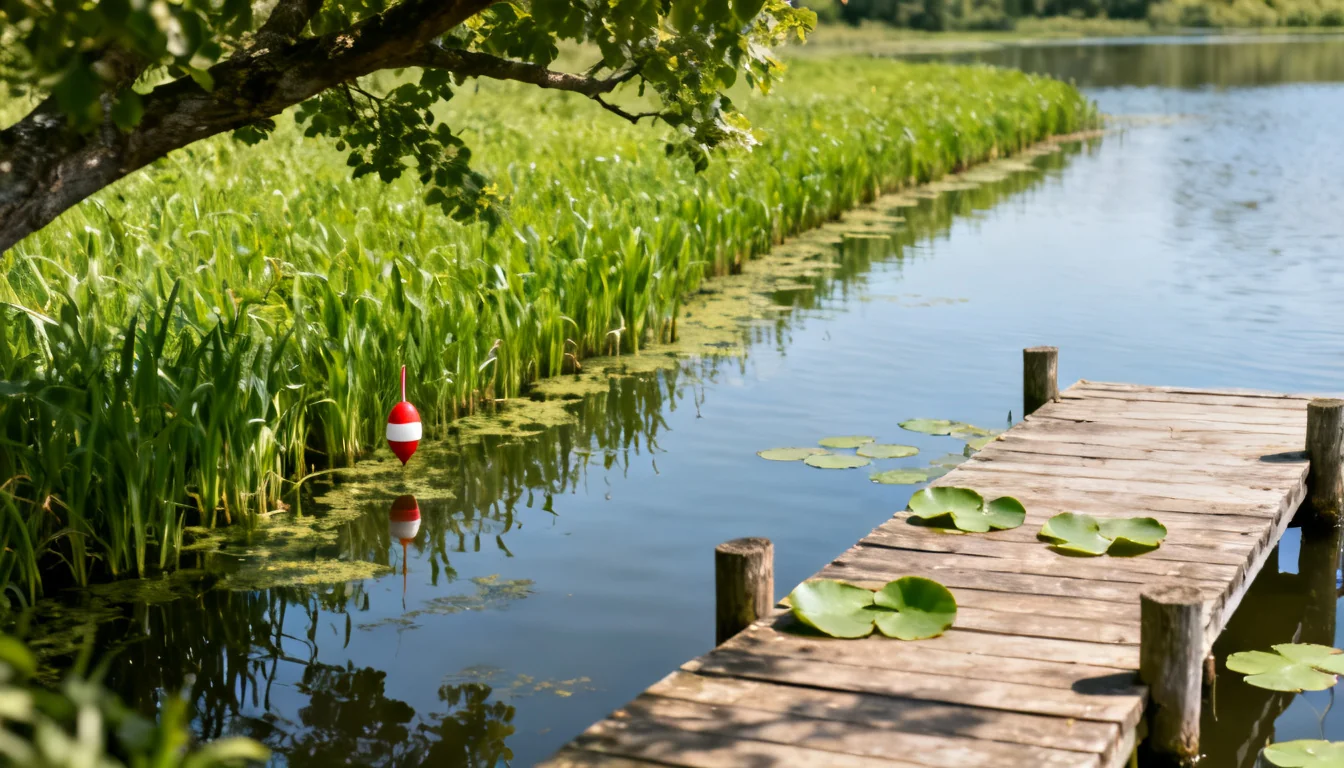 Weedy pond shoreline with a dock, lily pads, and an overhanging branch — classic bluegill cover
