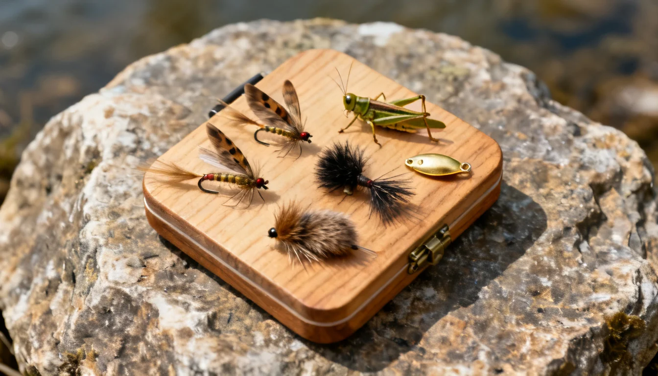 Brown trout flies and lures arranged on a fly box: nymphs, hoppers, streamers, mouse pattern and a gold spinner