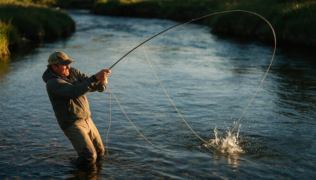 Angler fighting a brown trout in a stream with a deeply bent rod