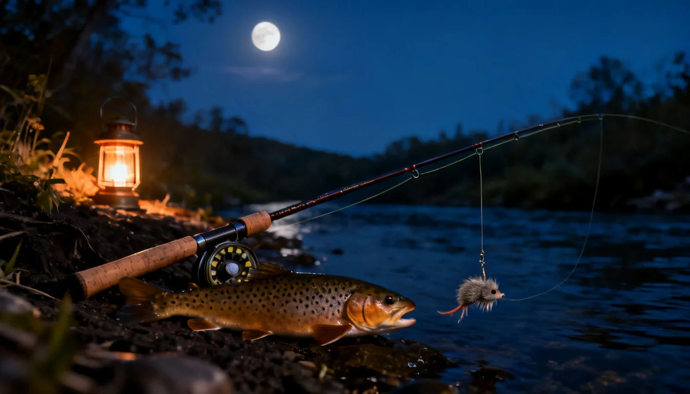 Night brown trout fishing setup with lantern and fly rod on a dark stream bank
