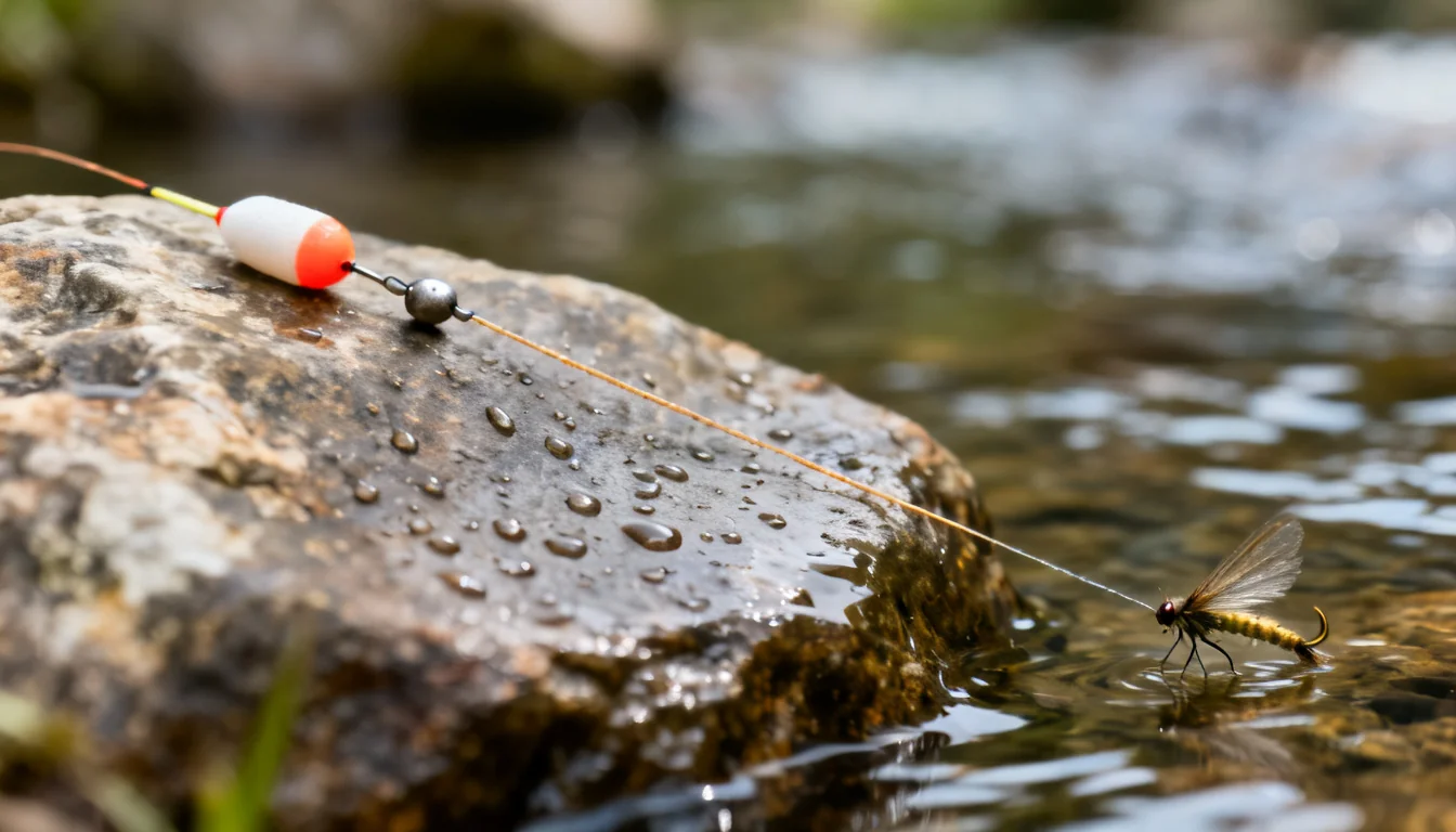 Nymphing rig with indicator, split shot and nymph fly on a streamside rock
