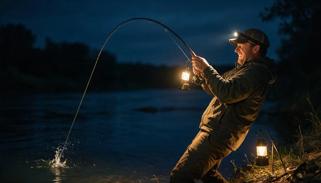 Angler fighting a channel catfish at night, rod bent deep and line tight