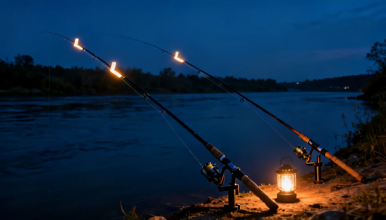 Night catfishing setup with rod holders, glowing rod tips, and a lantern