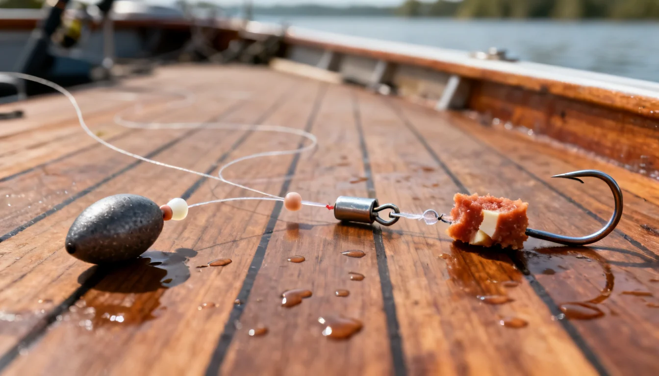 Slip-sinker catfish rig with egg sinker, barrel swivel, and circle hook baited