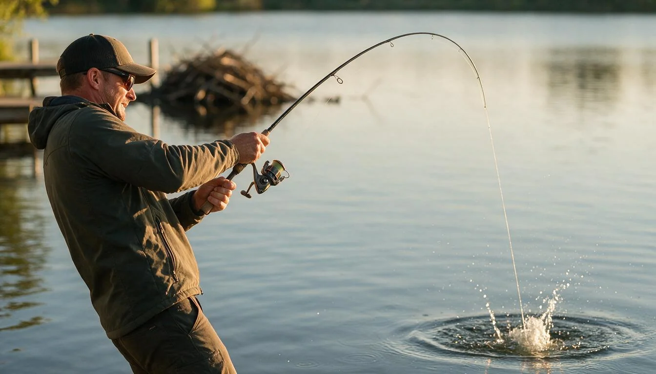 Angler fighting a crappie with a bent rod