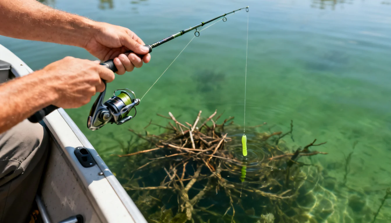Vertical crappie jigging over a brush pile