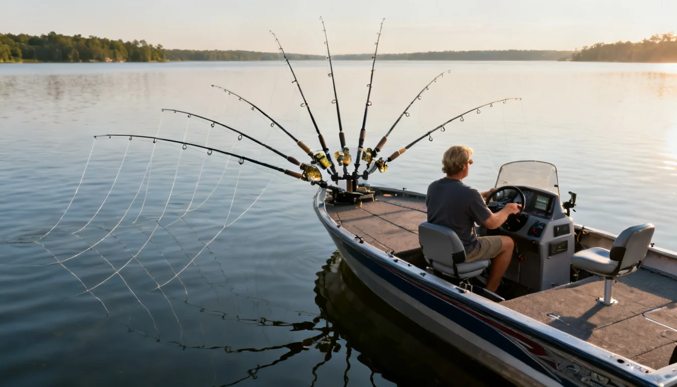 Spider rigging with multiple rods from a boat bow