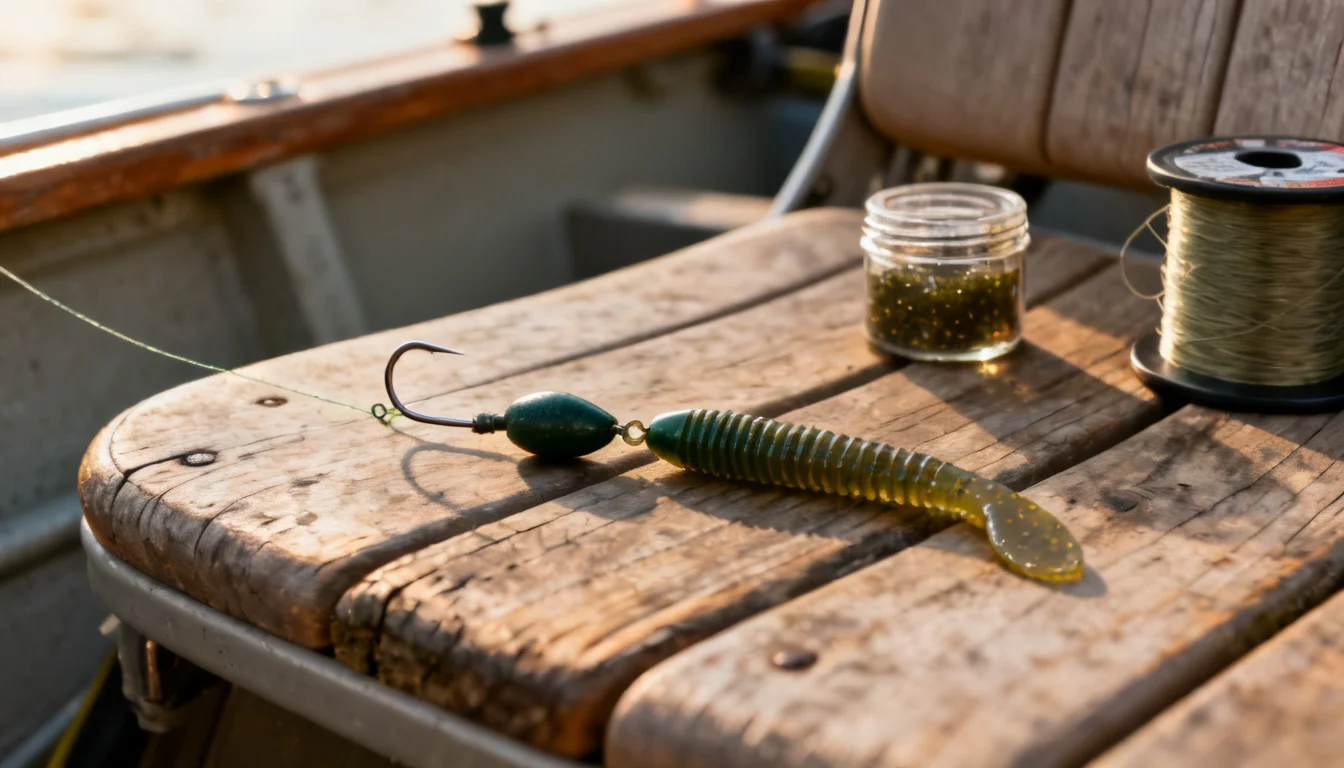 Texas rig setup — bullet weight, offset hook and weedless soft plastic worm
