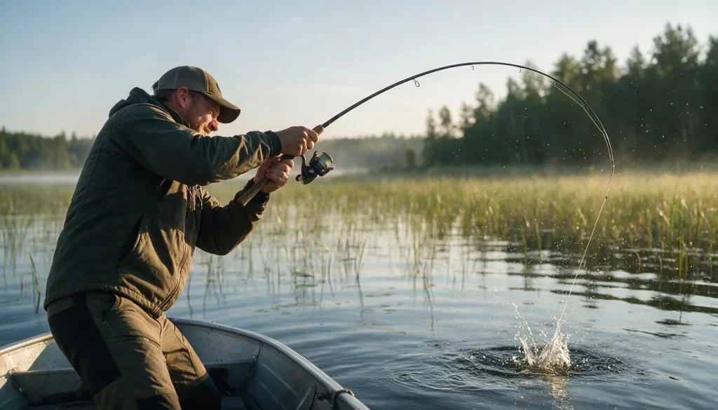 Angler fighting a northern pike from a small boat, rod bent and line tight