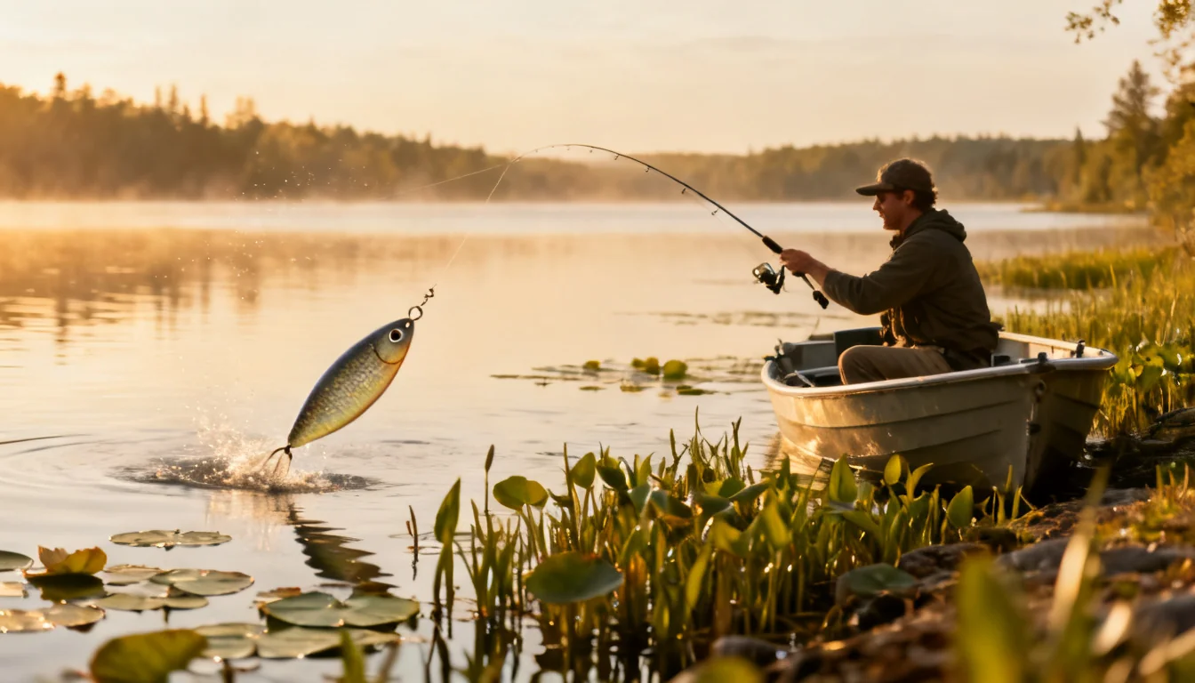 Angler casting a spoon toward a weed line on a northern lake
