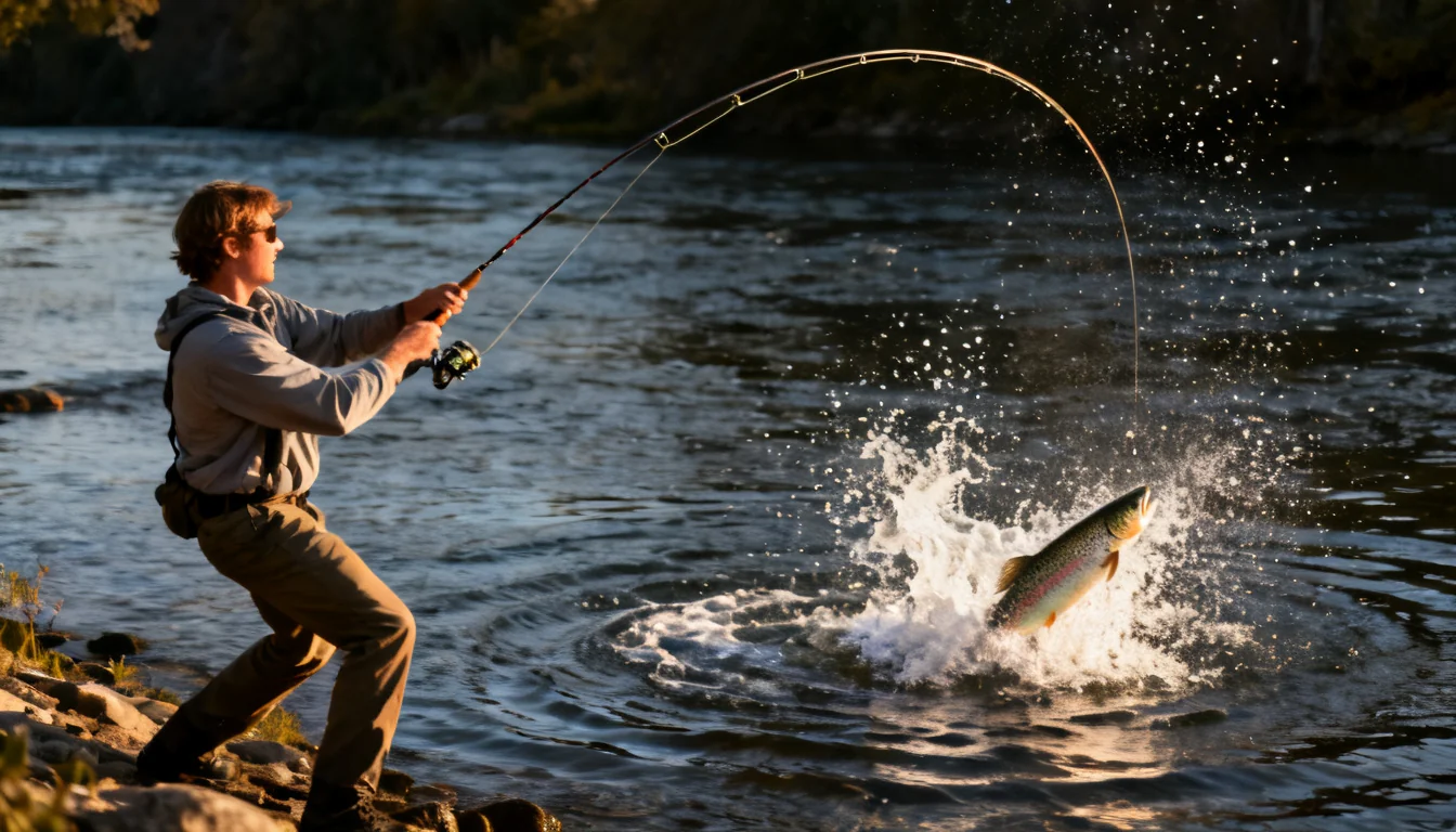 Angler fighting a rainbow trout on a deeply bent fly rod