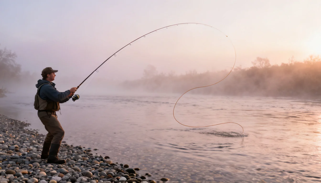 Fly caster making a tight loop on a trout stream