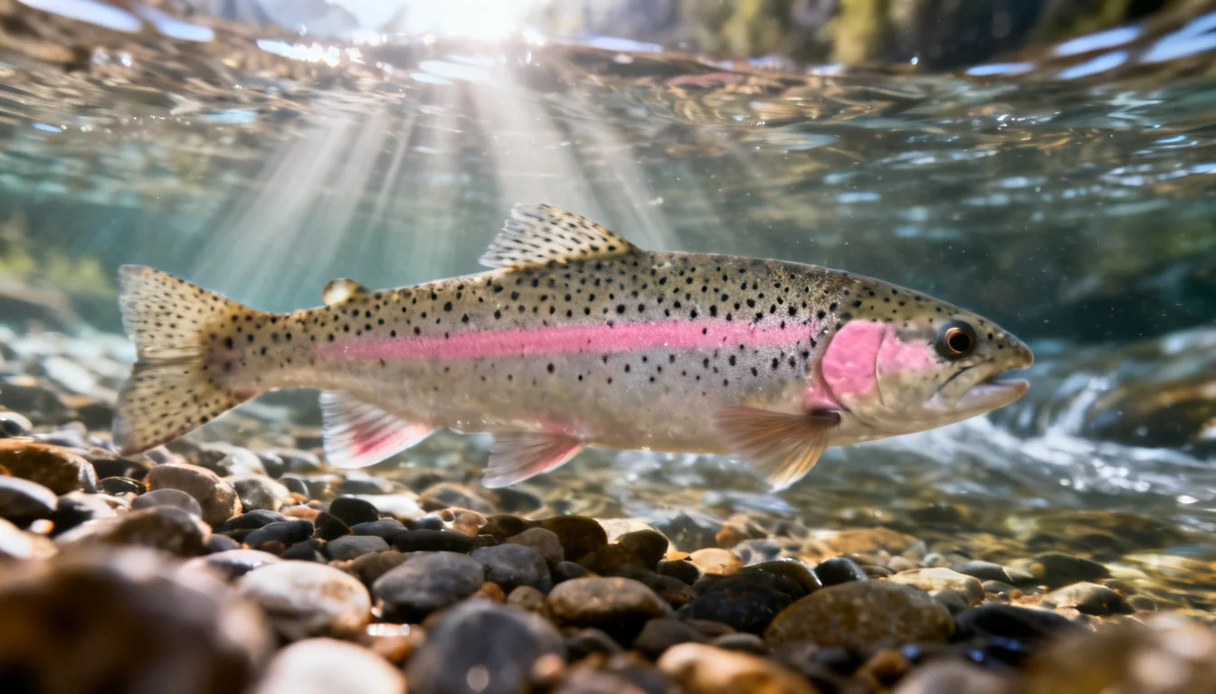 Wild rainbow trout holding in a clear mountain stream