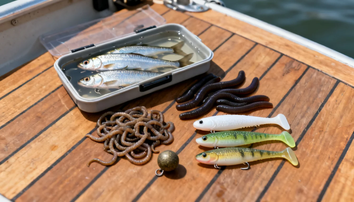 Flat lay of walleye baits: minnows, nightcrawlers, leeches, and paddle-tail swimbaits