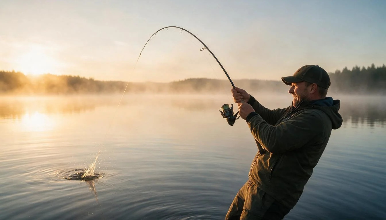 Angler fighting a walleye from a boat at dawn with rod bent deep