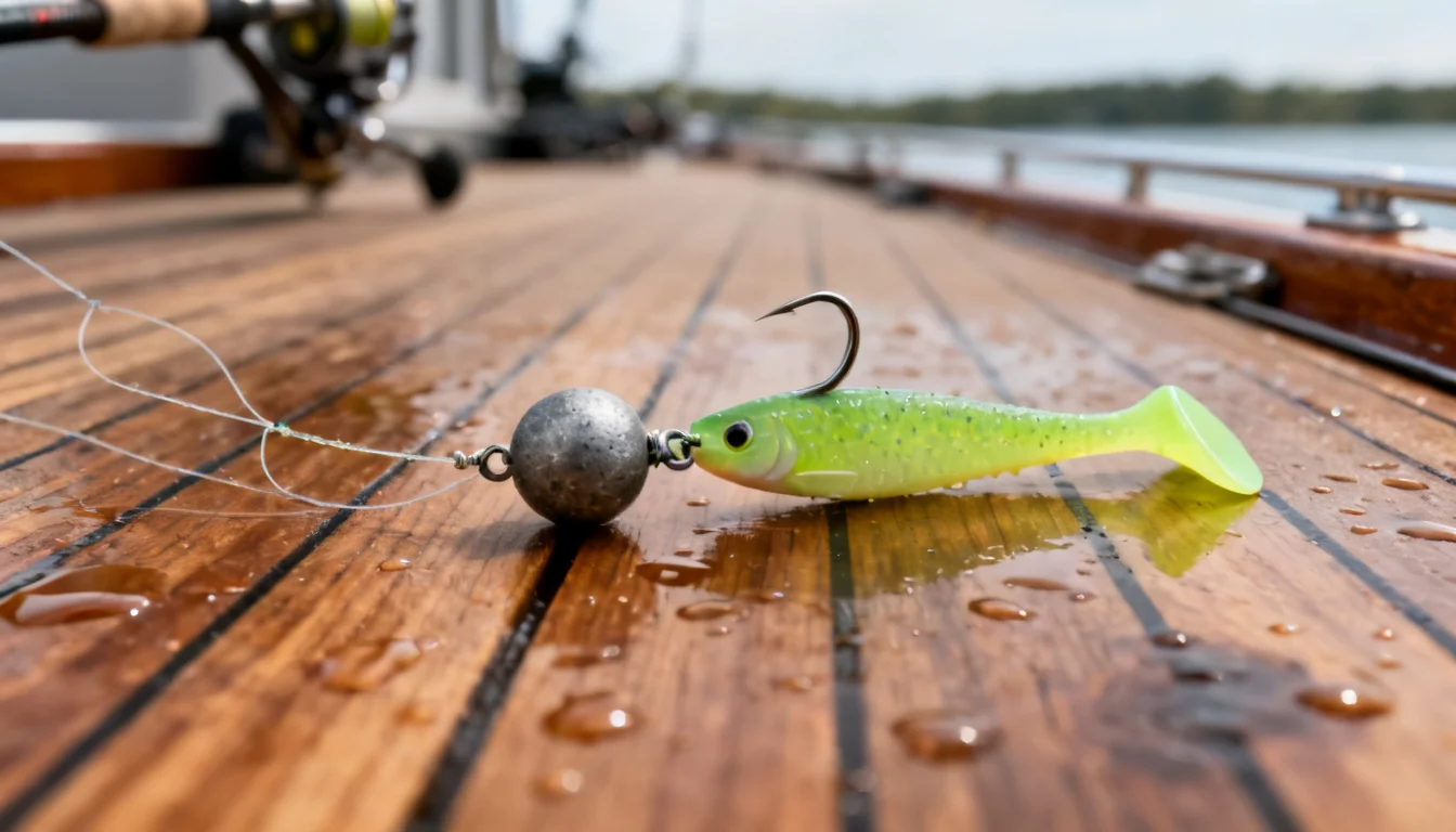 Walleye jigging rig with round jighead and chartreuse paddle-tail soft plastic